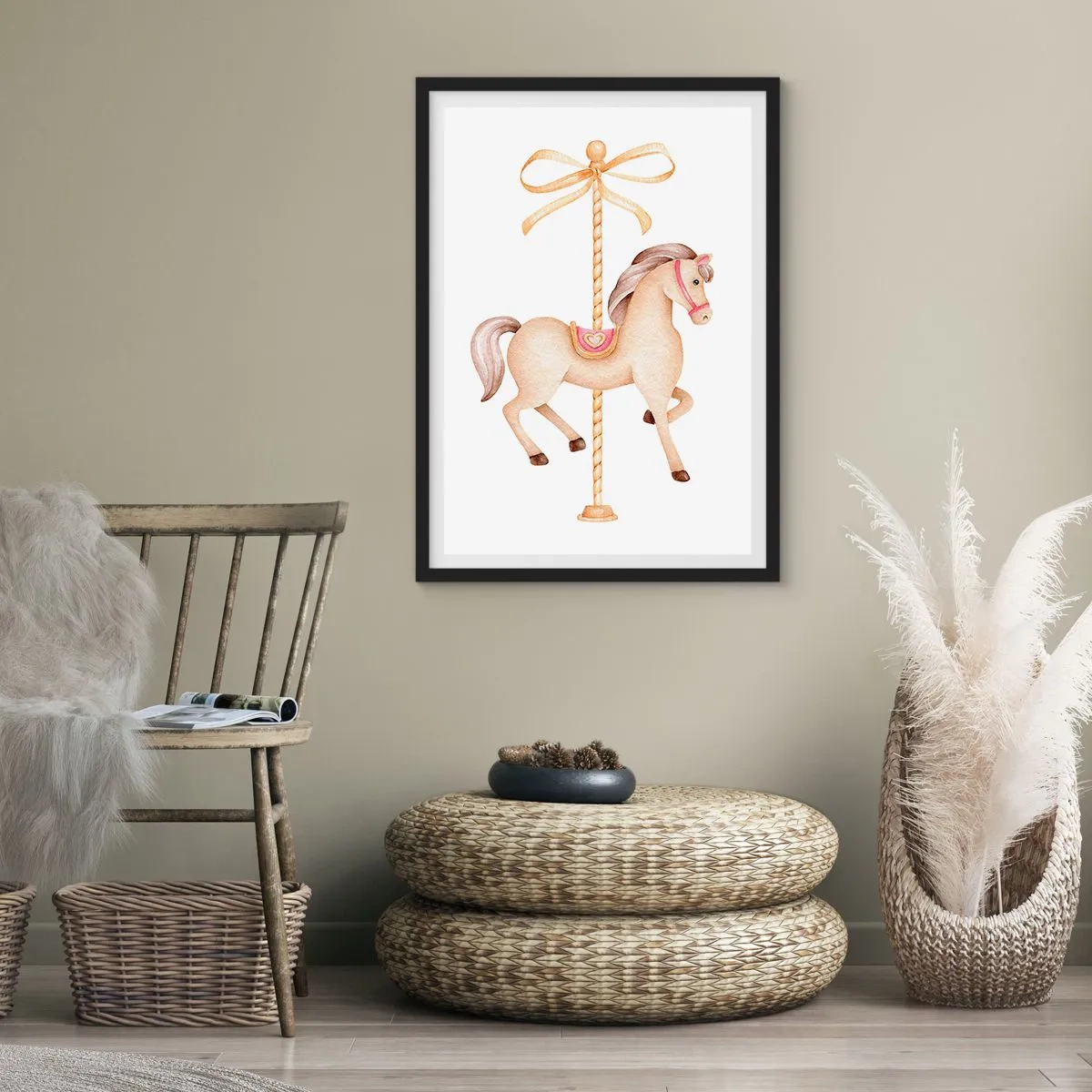 Poster in einem schwarzem Rahmen - Eine zarte Illustration eines Karussellpferdes in Pastell - 50x70cm - Anmutiger Trab - Moderne Wanddekoration für Wohnzimmer und Schlafzimmer ARTTOR