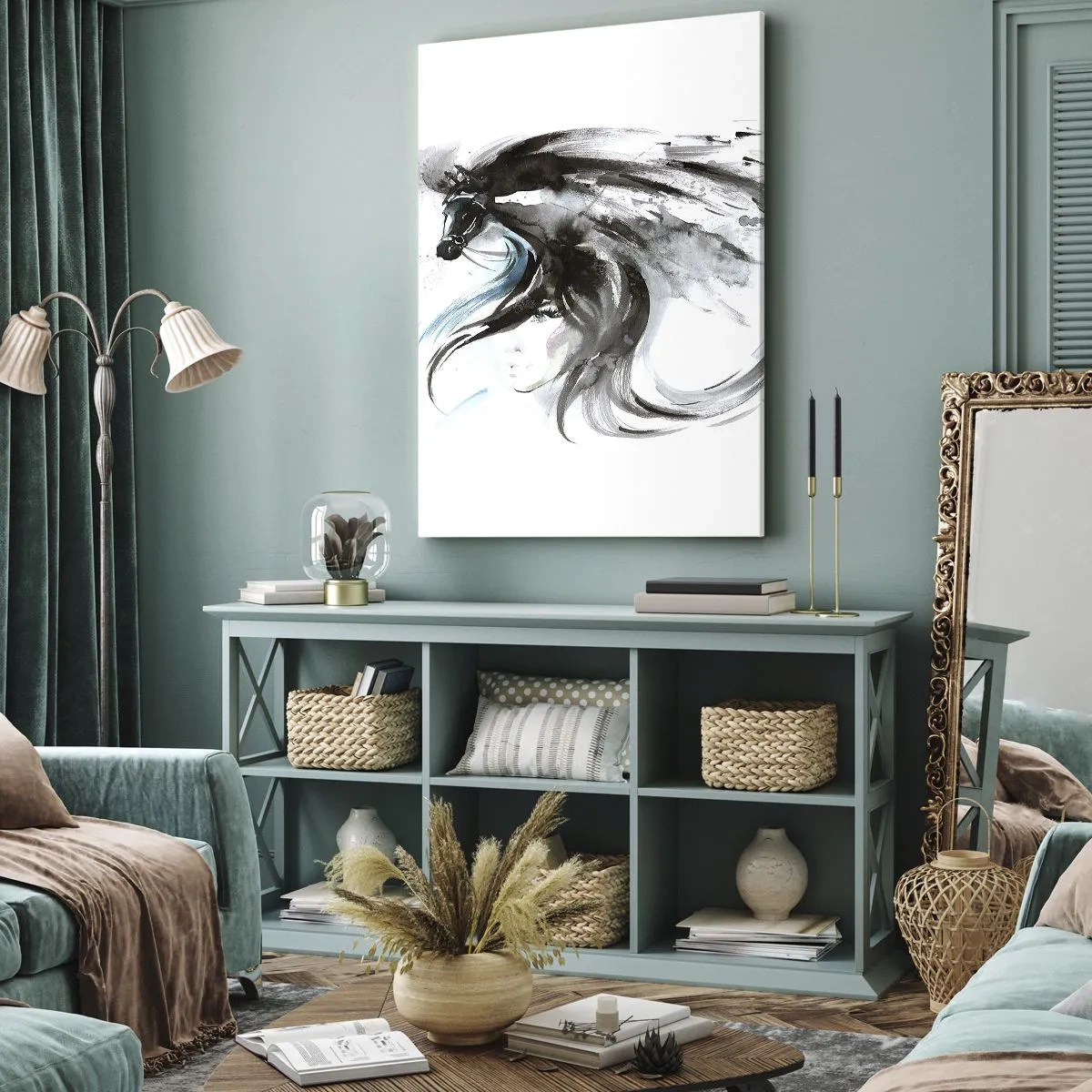 Bild auf Leinwand - Leinwandbild - Eine Frau und ein Pferd in einem mystischen Aquarell voller Dynamik - 70x100cm - Schwarzer Prinz Galopp - Moderne Wanddekoration für Wohnzimmer und Schlafzimmer ARTTOR