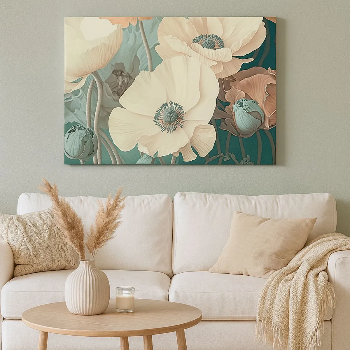 Bild auf Leinwand - Leinwandbild - Elegante Blumen in Pastelltönen auf grünem Hintergrund - 70x50cm - Flüstern von Mohnblumen - Moderne Wanddekoration für Wohnzimmer und Schlafzimmer ARTTOR