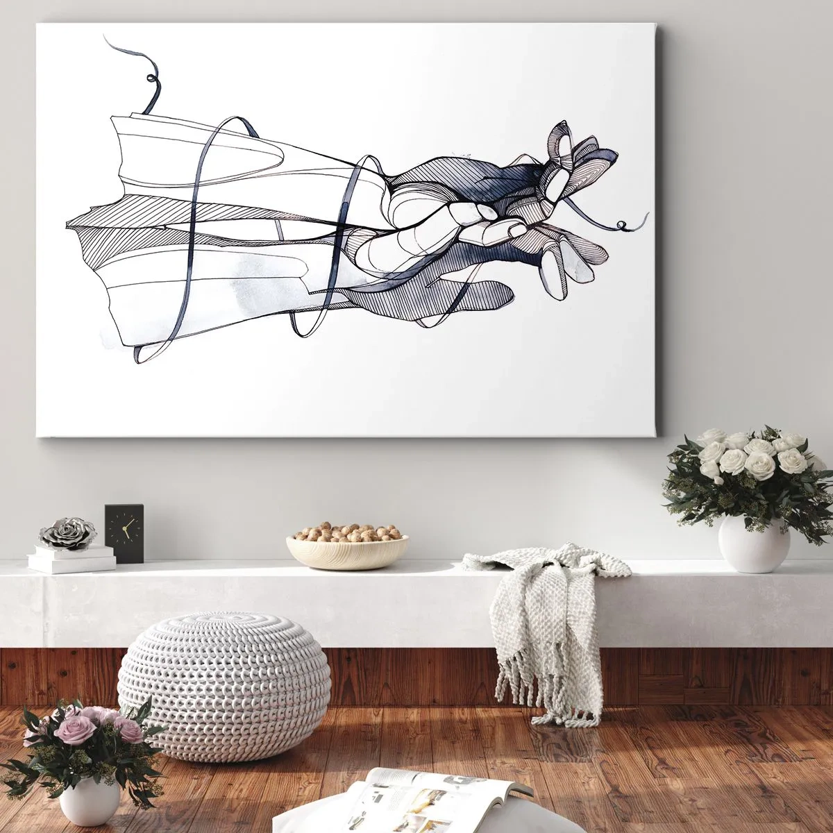 Bild auf Leinwand - Leinwandbild - Eine subtile Zeichnung einer Hand mit einer zarten Blume - 100x70cm - Touch-Studie - Moderne Wanddekoration für Wohnzimmer und Schlafzimmer ARTTOR