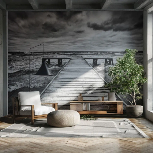 Selbstklebende Fototapete Deluxe Sticker - Ich warte darauf, dass der Wind wegjagt... - Landschaft, Holzbrücke, Meer - 200x140 cm