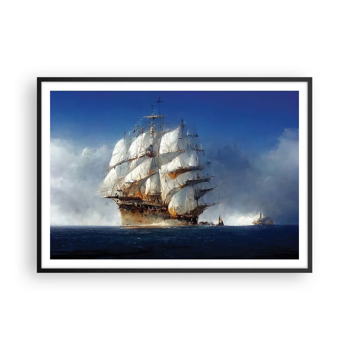 Poster in einem schwarzem Rahmen - Ein Segelschiff auf offener See unter blauem Himmel - 100x70cm - Der große Ruhm! - Moderne Wanddekoration für Wohnzimmer und Schlafzimmer ARTTOR