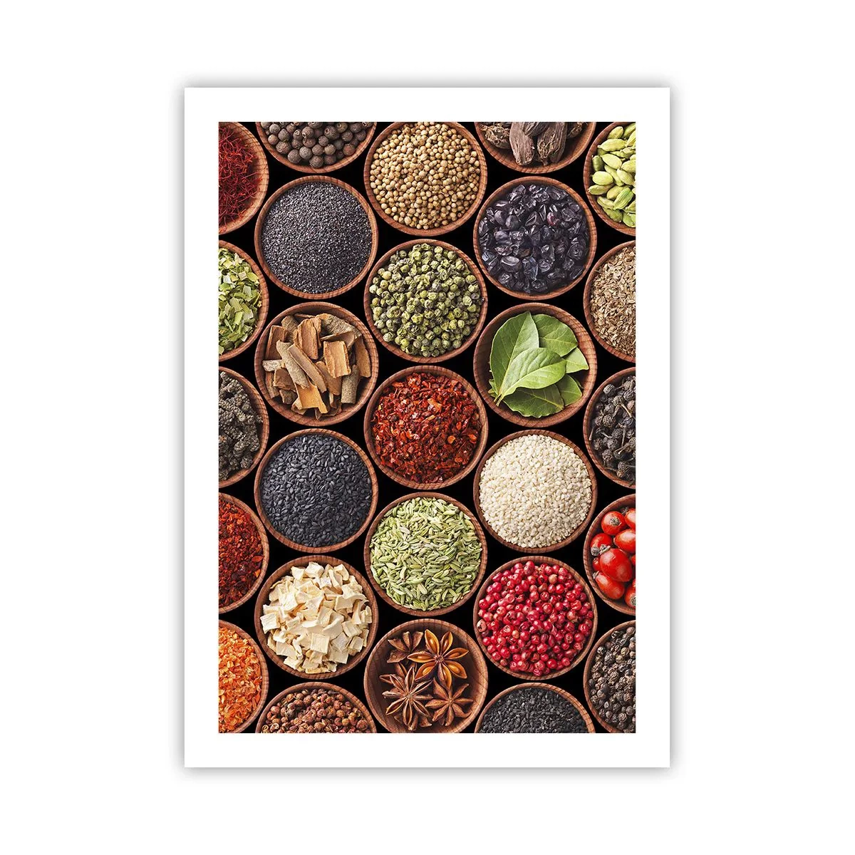 Poster - Bunte Gewürze in kleinen Holzschälchen - 50x70cm - Alle Aromen der Welt - Moderne Wanddekoration für Wohnzimmer und Schlafzimmer ARTTOR