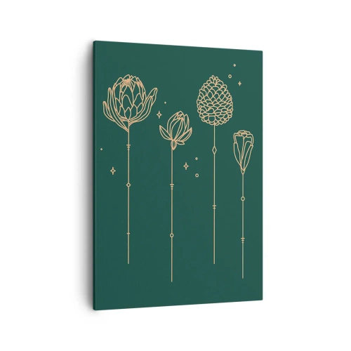 Bild auf Leinwand - Leinwandbild - Goldene Zeichnungen von Kräutern auf dunkelgrünem Hintergrund - 50x70cm - Familie ZIÓŁkowski - Moderne Wanddekoration für Wohnzimmer und Schlafzimmer ARTTOR