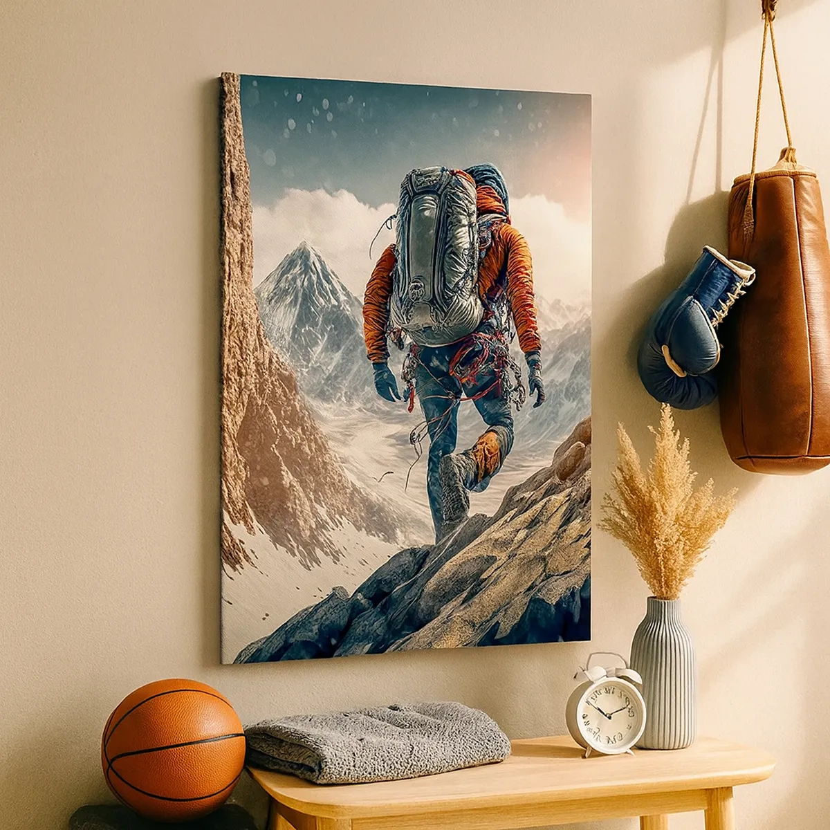 Bild auf Leinwand - Leinwandbild - Ein Bergsteiger auf einem Bergpfad in einer Winterlandschaft - 50x70cm - Einsamer Krieger - Moderne Wanddekoration für Wohnzimmer und Schlafzimmer ARTTOR