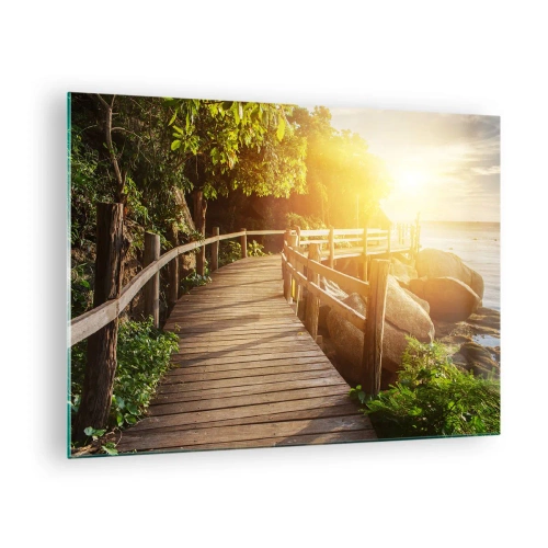 Glasbild - Bild auf glas - Ein Holzweg zwischen den Bäumen am Meer im Licht des Sonnenuntergangs - 70x50cm - Noch eine Wendung, ein weiteres Wunder - Moderne Wanddekoration für Wohnzimmer und Schlafzimmer ARTTOR