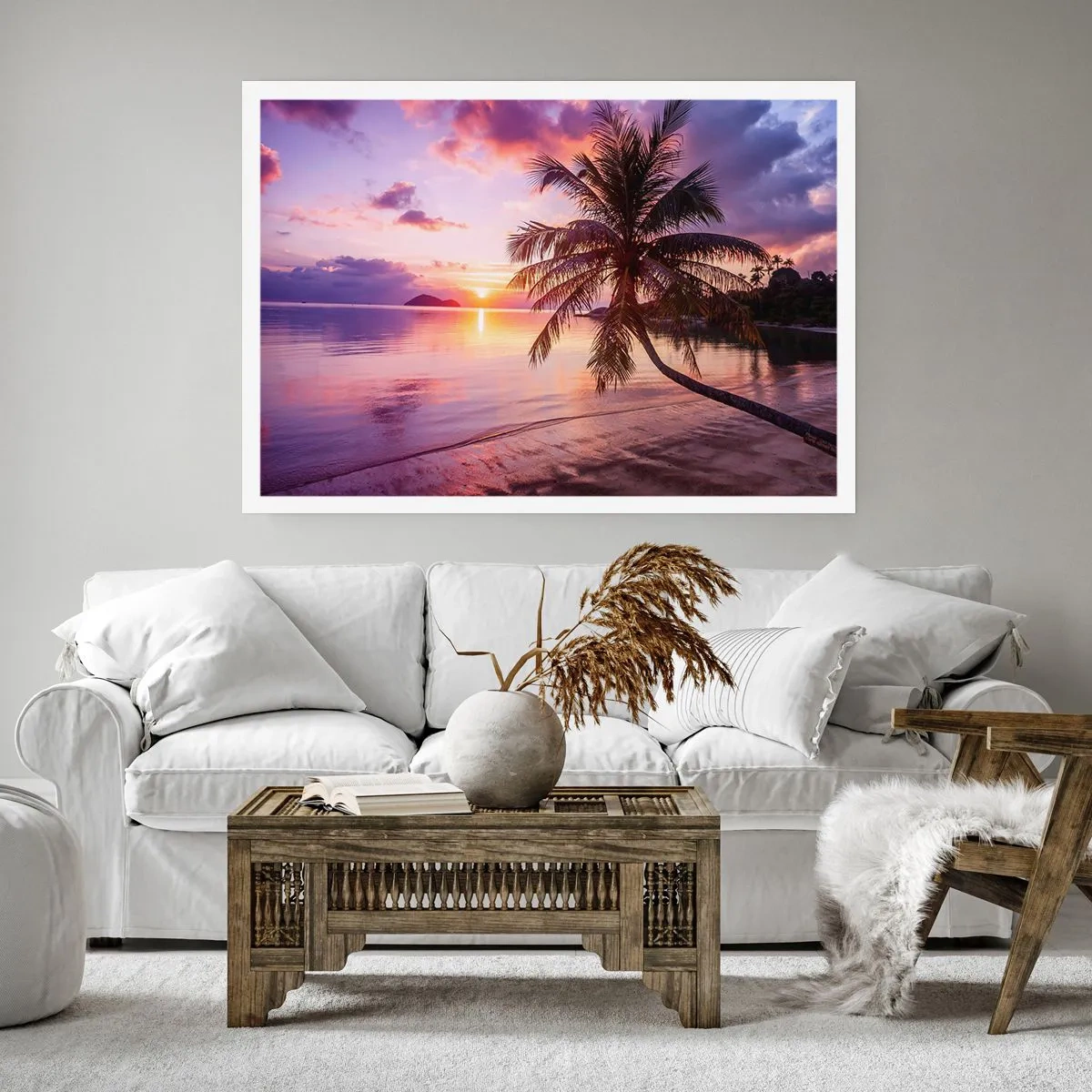 Poster - Tropischer Strand mit Palmen bei Sonnenuntergang - 100x70cm - Behaglichkeit bis zum Horizont - Moderne Wanddekoration für Wohnzimmer und Schlafzimmer ARTTOR