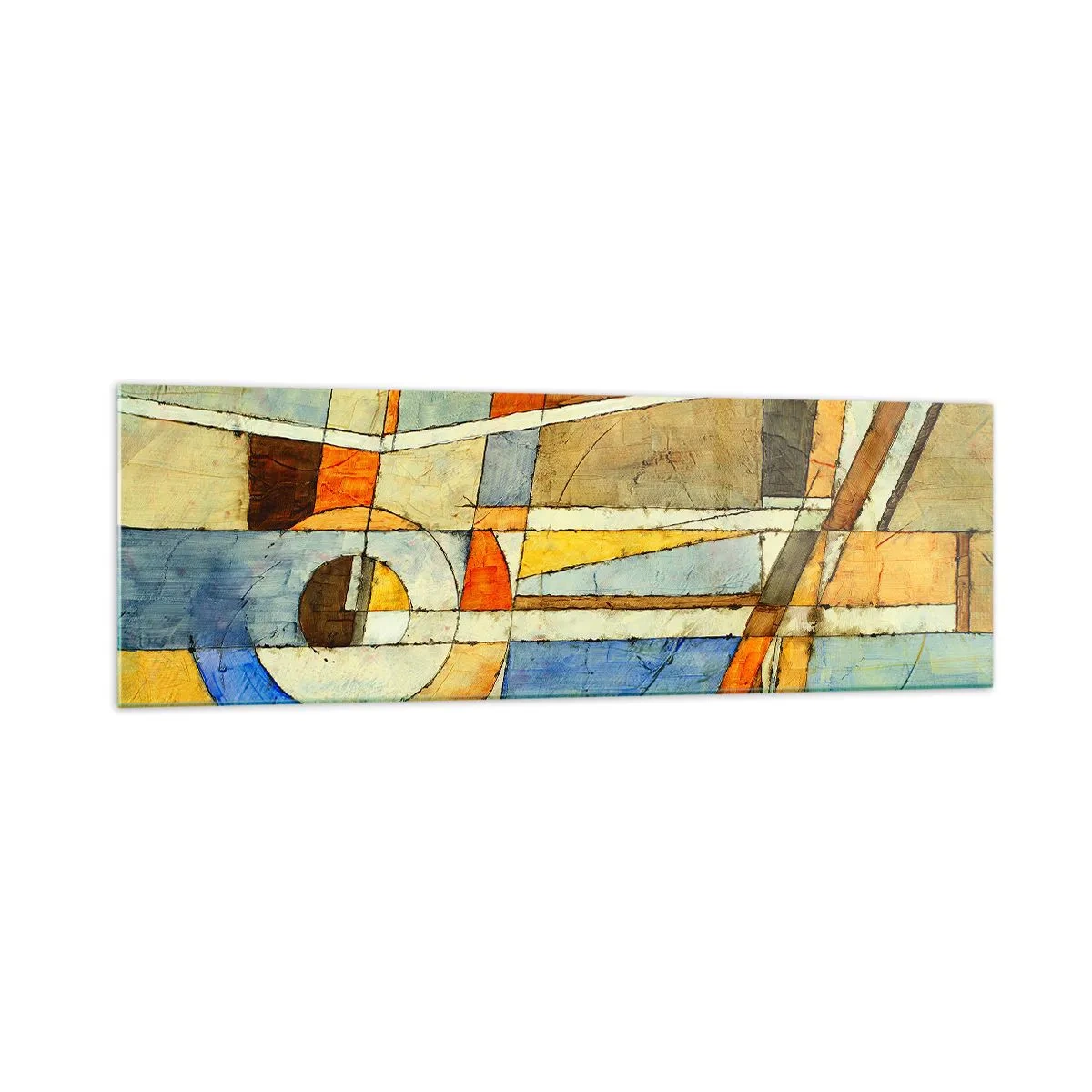 Glasbild - Bild auf glas - Geometrische Abstraktion in Beige-, Blau- und Orangetönen - 160x50cm - Kubismus auf der Baustelle - Moderne Wanddekoration für Wohnzimmer und Schlafzimmer ARTTOR