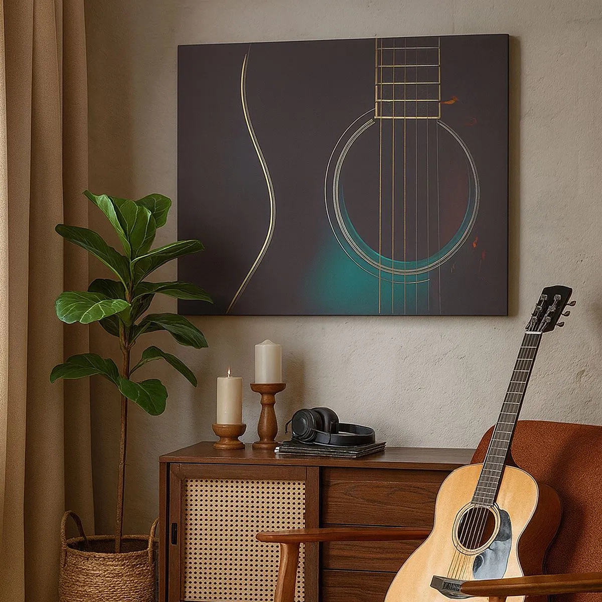 Bild auf Leinwand - Leinwandbild - Akustikgitarre in dunklem, elegantem Licht - 70x50cm - Einen Moment bevor es ertönt - Moderne Wanddekoration für Wohnzimmer und Schlafzimmer ARTTOR