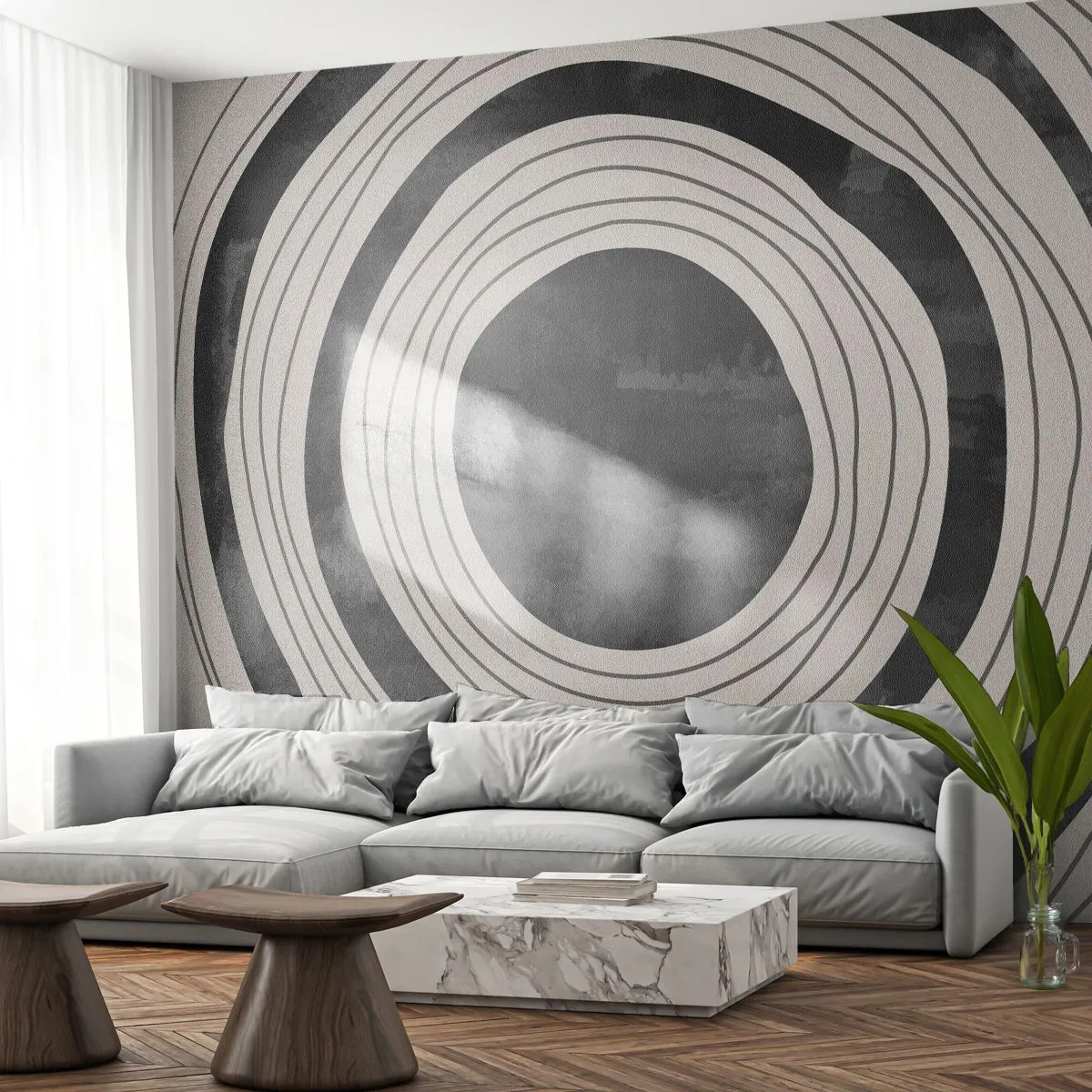 Fototapete Premium Sand - Schwarz-weiße konzentrische Kreise im grafischen Stil - 100x70cm - Auf den Punkt gebracht - Moderne Wanddekoration für Wohnzimmer und Schlafzimmer ARTTOR