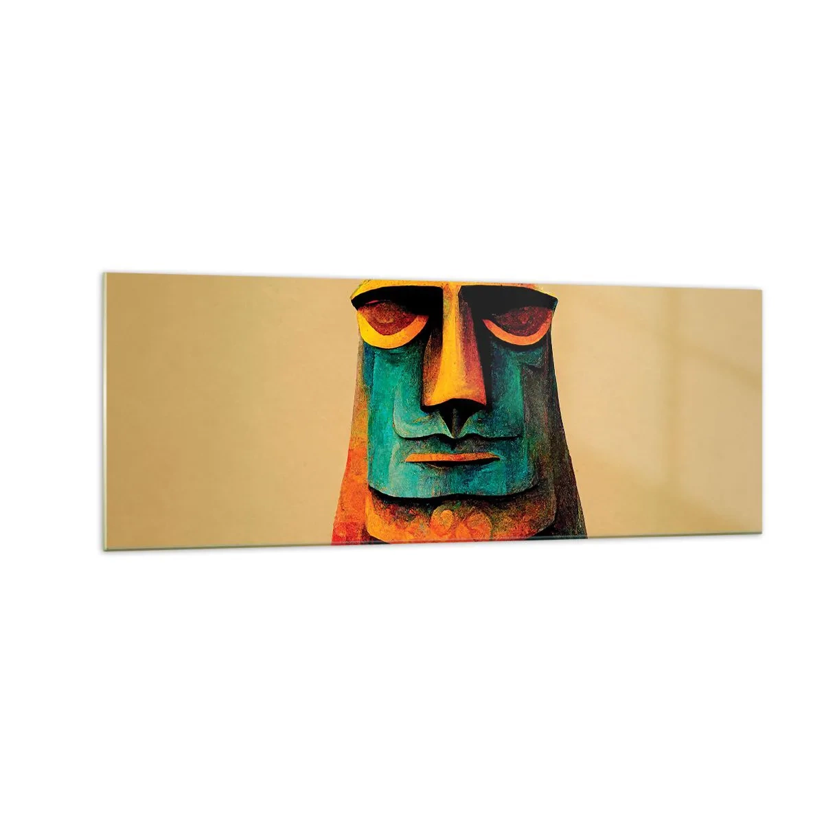 Glasbild - Bild auf glas - Bunte Statue von der Osterinsel - 140x50cm - Statuenhaft und sympathisch - Moderne Wanddekoration für Wohnzimmer und Schlafzimmer ARTTOR
