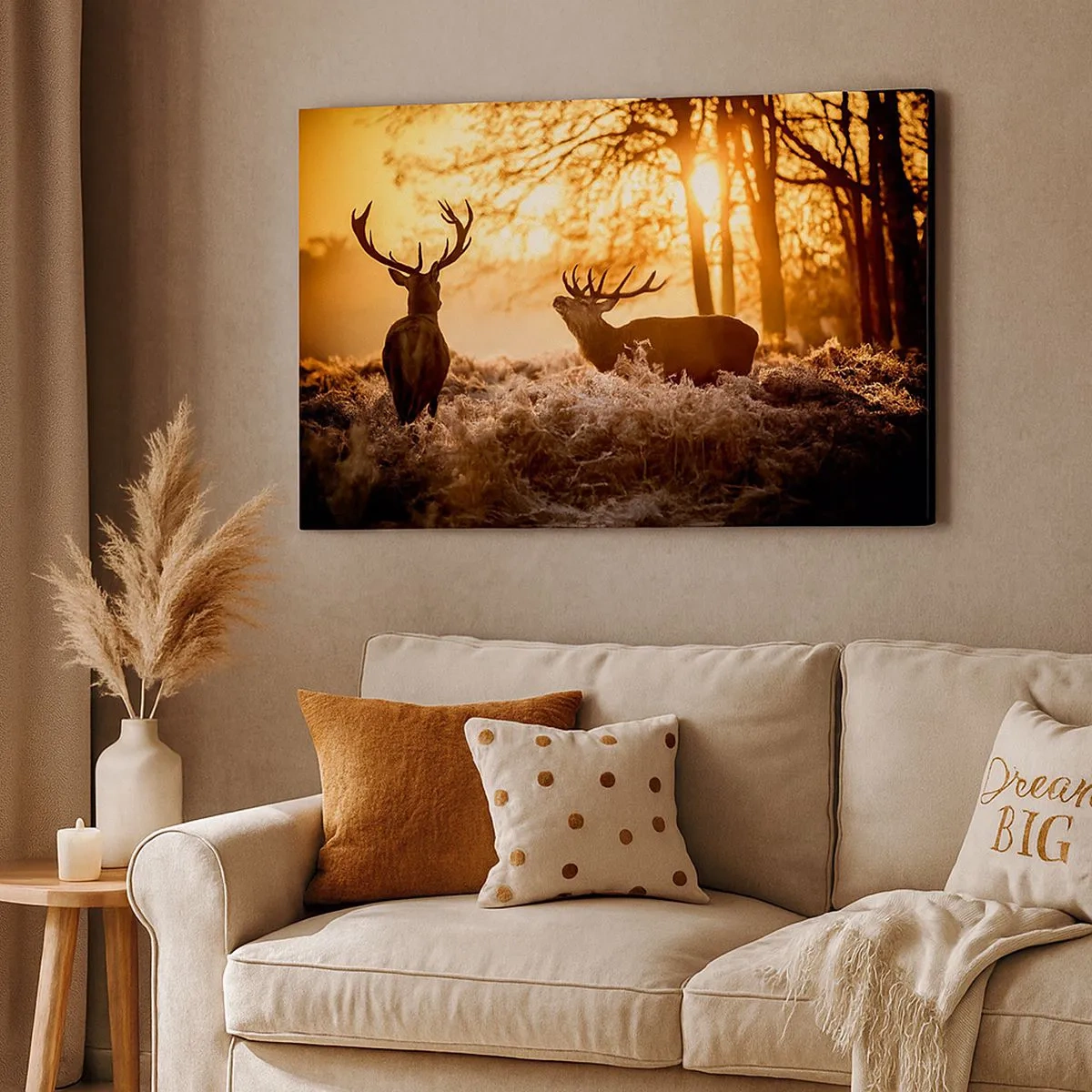 Bild auf Leinwand - Leinwandbild - Zwei Hirsche bei Sonnenuntergang in einer Winterlandschaft - 70x50cm - Der Traum eines Jägers - Moderne Wanddekoration für Wohnzimmer und Schlafzimmer ARTTOR