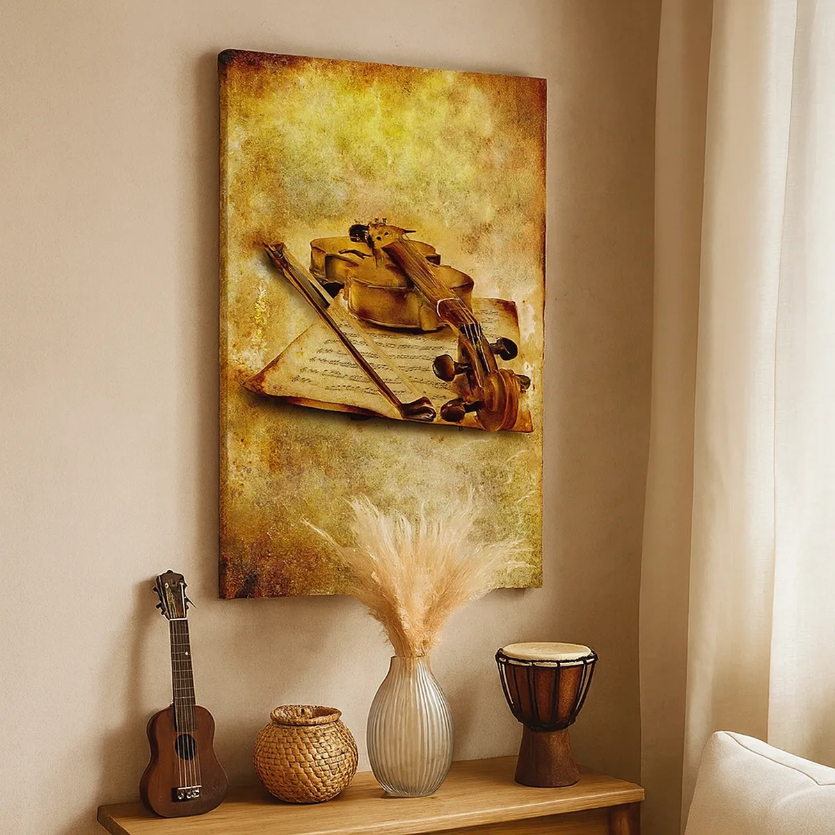 Bild auf Leinwand - Leinwandbild - Eine Geige mit Notenblättern vor einem Vintage-Hintergrund in warmen Tönen - 50x70cm - Ein Virtuose dringend benötigt - Moderne Wanddekoration für Wohnzimmer und Schlafzimmer ARTTOR
