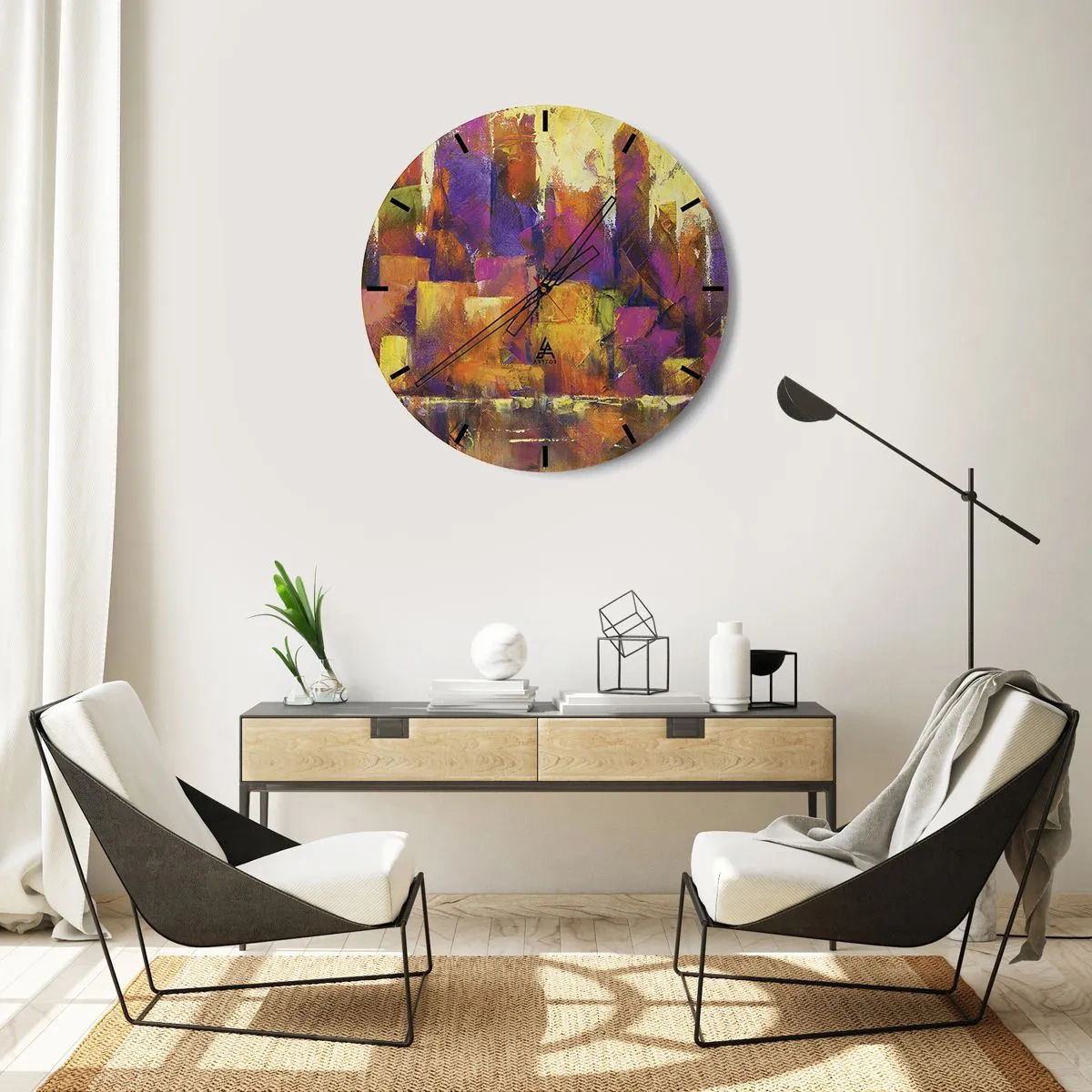 Wanduhr - Glasuhr - Eine abstrakte Komposition in Gelb- und Lilatönen. - 30x30cm - Metropolitische Komposition - Moderne Wanddekoration für Wohnzimmer, Küche und Schlafzimmer ARTTOR