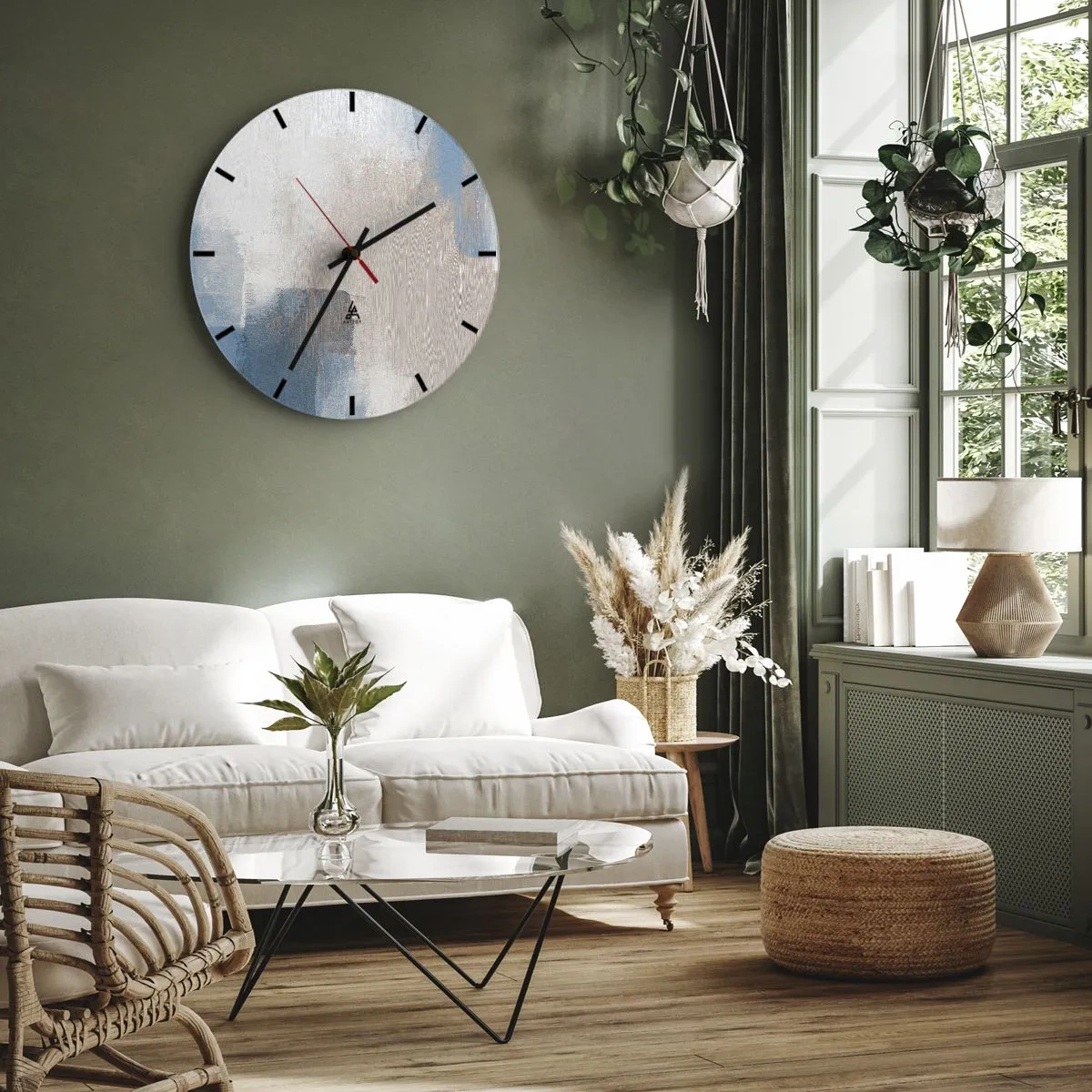 Wanduhr - Glasuhr - Moderne Abstraktion in Beige, Blau und Grau - 30x30cm - Rosa Abstraktion hinter einem blauen Vorhang - Moderne Wanddekoration für Wohnzimmer, Küche und Schlafzimmer ARTTOR