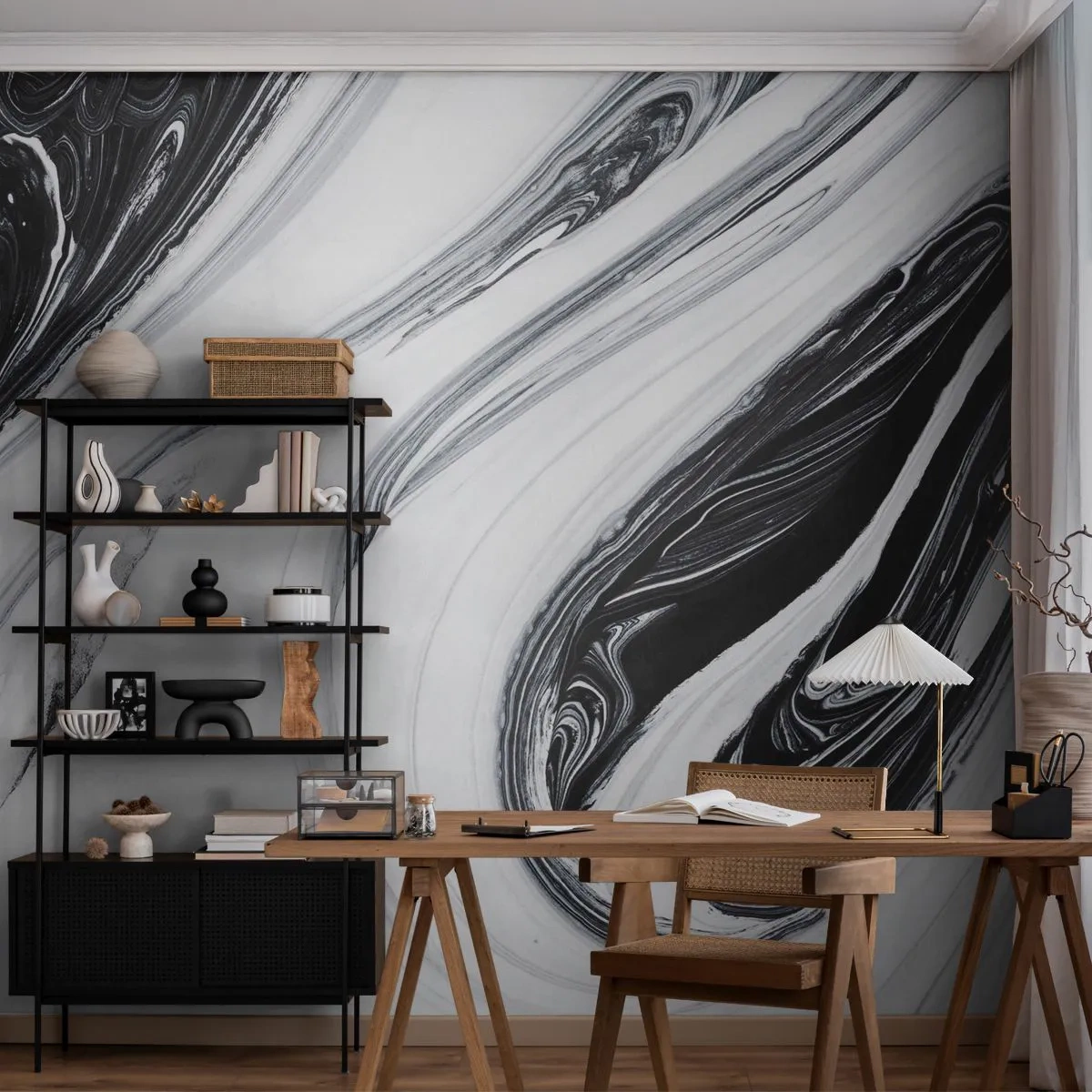 Fototapete Premium Sand - Dynamische Wirbel aus Schwarz und Weiß im abstrakten Stil - 100x70cm - Kombination aus Gegensätzen - Moderne Wanddekoration für Wohnzimmer und Schlafzimmer ARTTOR