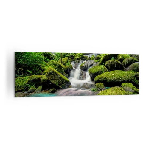 Bild auf Leinwand - Leinwandbild - Ein tropischer Wasserfall, umgeben von Grün und türkisfarbenem Wasser - 160x50cm - Türkis, Saphire und flüssiges Silber - Moderne Wanddekoration für Wohnzimmer und Schlafzimmer ARTTOR