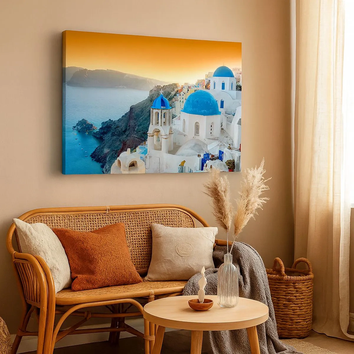Bild auf Leinwand - Leinwandbild - Blick auf Santorini mit weißen Gebäuden und blauem Meer - 70x50cm - Santorini - an die Felsen gekuschelt - Moderne Wanddekoration für Wohnzimmer und Schlafzimmer ARTTOR