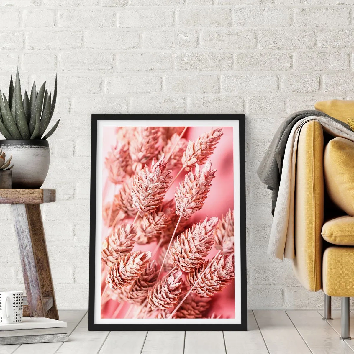 Poster in einem schwarzem Rahmen - Nahaufnahme von getrockneten Getreideähren auf rosa Hintergrund - 50x70cm - Eine Blumenkaskade in Rosa - Moderne Wanddekoration für Wohnzimmer und Schlafzimmer ARTTOR