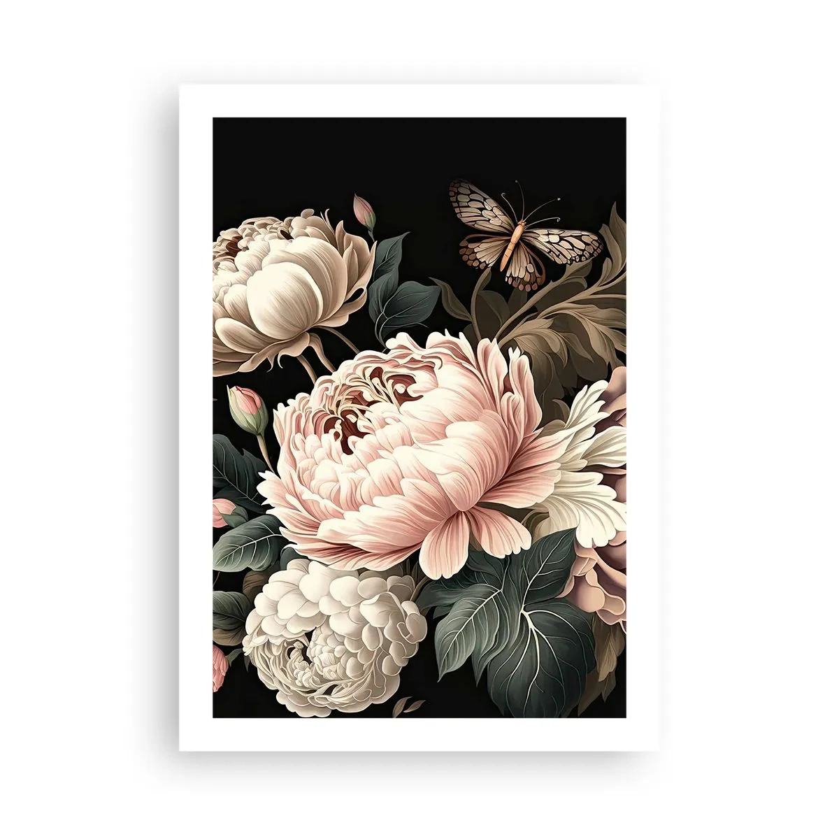 Poster - Elegante Pfingstrosen und ein Schmetterling auf schwarzem Hintergrund - 50x70cm - Im Barockstil - Moderne Wanddekoration für Wohnzimmer und Schlafzimmer ARTTOR