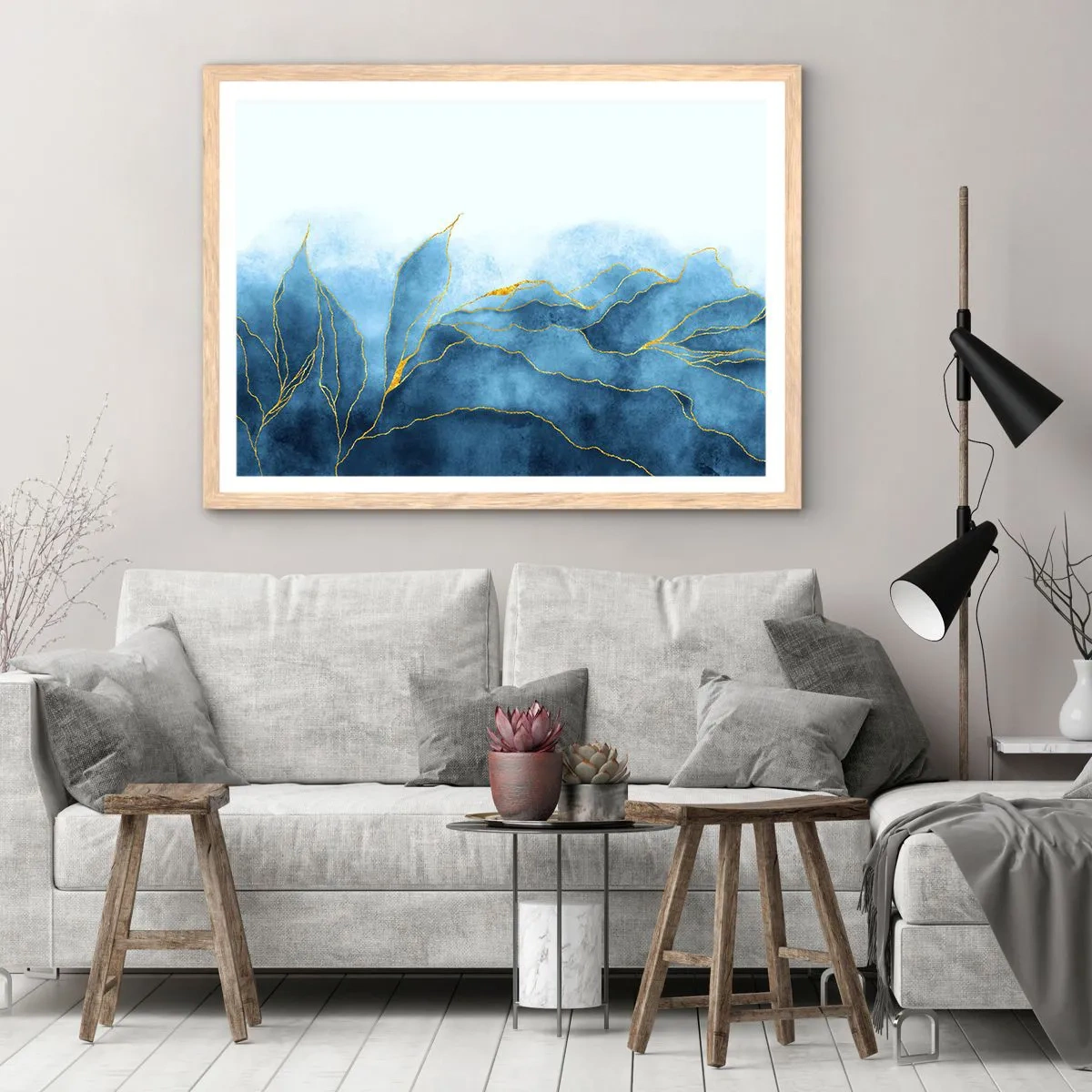 Poster in einem Rahmen aus heller Eiche - Blau im Gold - 70x50 cm