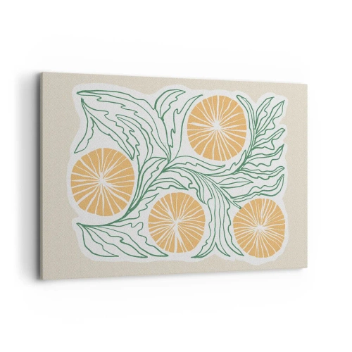 Bild auf Leinwand - Leinwandbild - Ein minimalistisches orangefarbenes Motiv mit grünen Blättern - 120x80cm - Ethnisch mit einem Hauch von Abstraktion - Moderne Wanddekoration für Wohnzimmer und Schlafzimmer ARTTOR