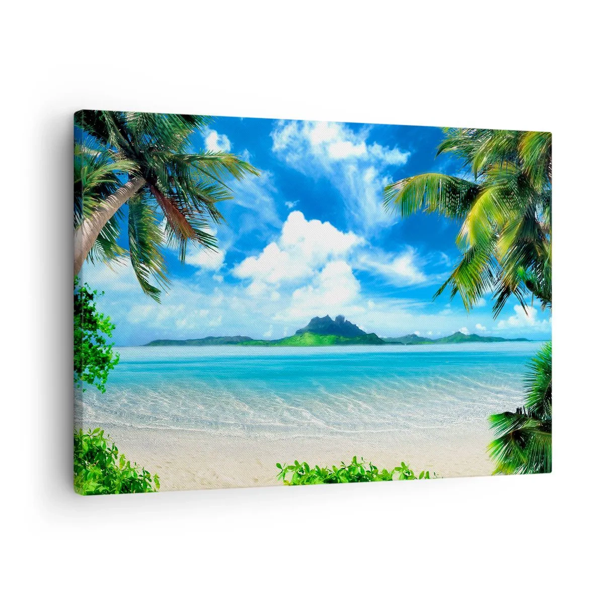 Bild auf Leinwand - Leinwandbild - Tropischer Strand mit Palmen und Blick auf die Insel - 70x50cm - Das Azurblau der Tropen - Moderne Wanddekoration für Wohnzimmer und Schlafzimmer ARTTOR