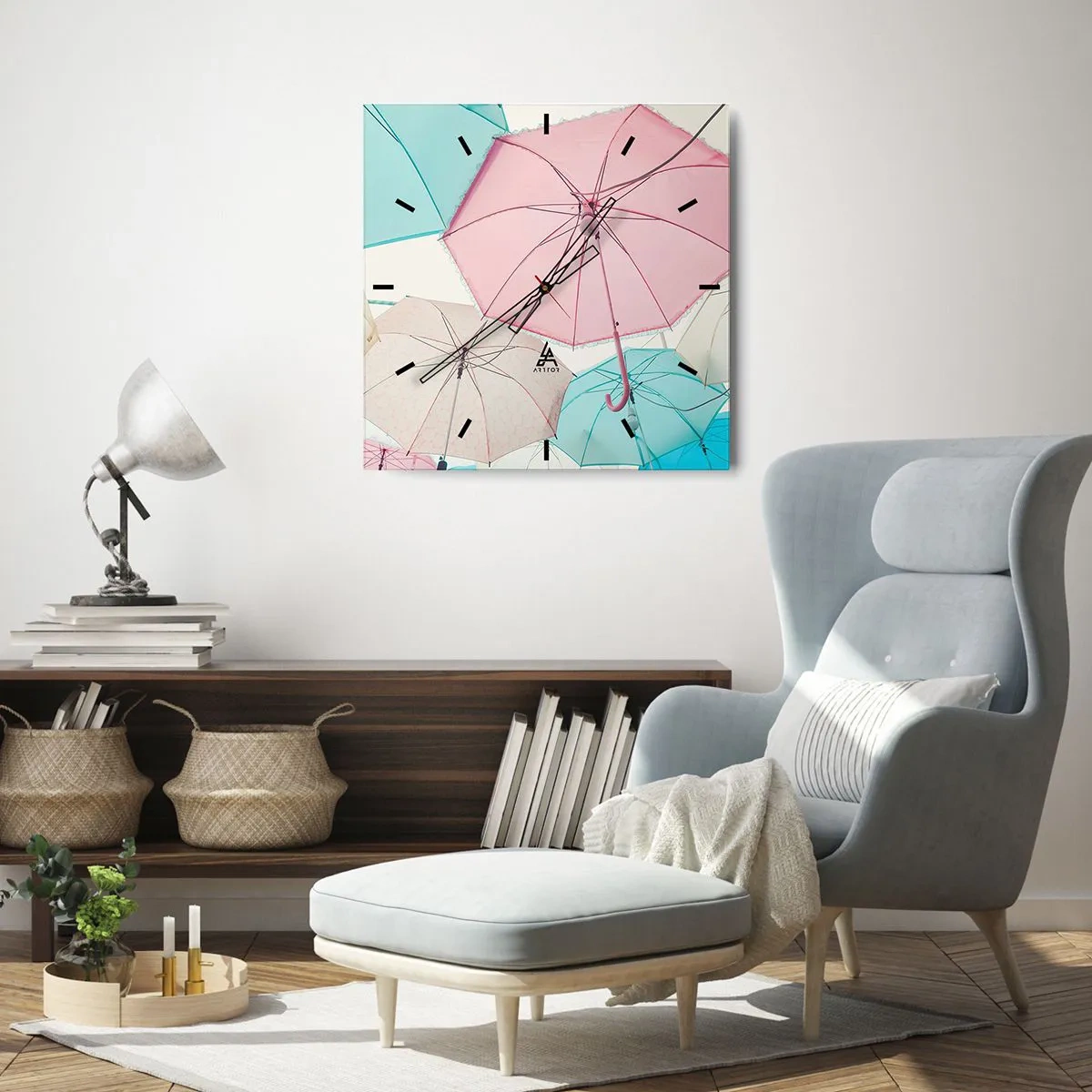 Wanduhr - Glasuhr - Pastellfarbene Regenschirme vor einem hellen Himmel - 30x30cm - Mal Sonne, mal Regen - Moderne Wanddekoration für Wohnzimmer und Schlafzimmer ARTTOR