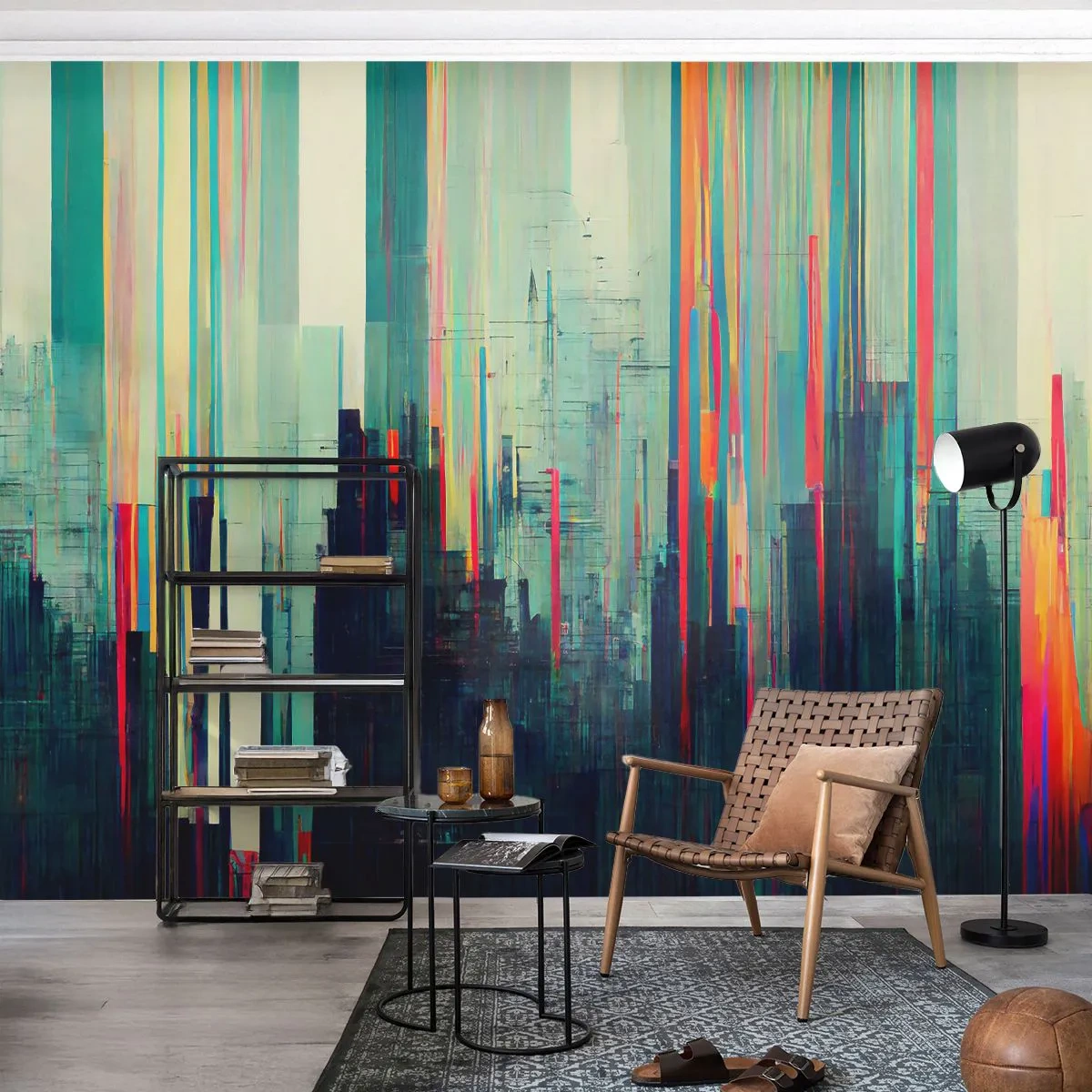 Fototapete Premium Sand - Eine farbenfrohe Vision der Stadt in abstrakter Form - 100x70cm - Futuristische Stadt - Moderne Wanddekoration für Wohnzimmer und Schlafzimmer ARTTOR