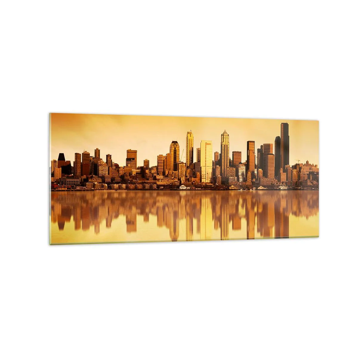 Glasbild - Bild auf glas - Stadtpanorama spiegelt sich im Wasser bei Sonnenuntergang - 120x50cm - Die Stille der Metropole - Moderne Wanddekoration für Wohnzimmer und Schlafzimmer ARTTOR