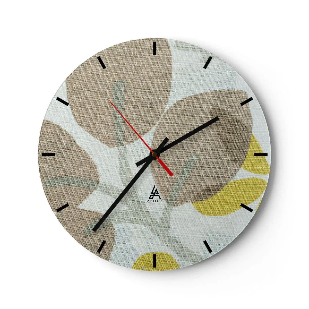 Wanduhr - Glasuhr - Pastellfarbene Blätter und gelbe Akzente auf einem strukturierten Leinenhintergrund - 30x30cm - Komposition in voller Sonne - Moderne Wanddekoration für Wohnzimmer, Küche und Schlafzimmer ARTTOR
