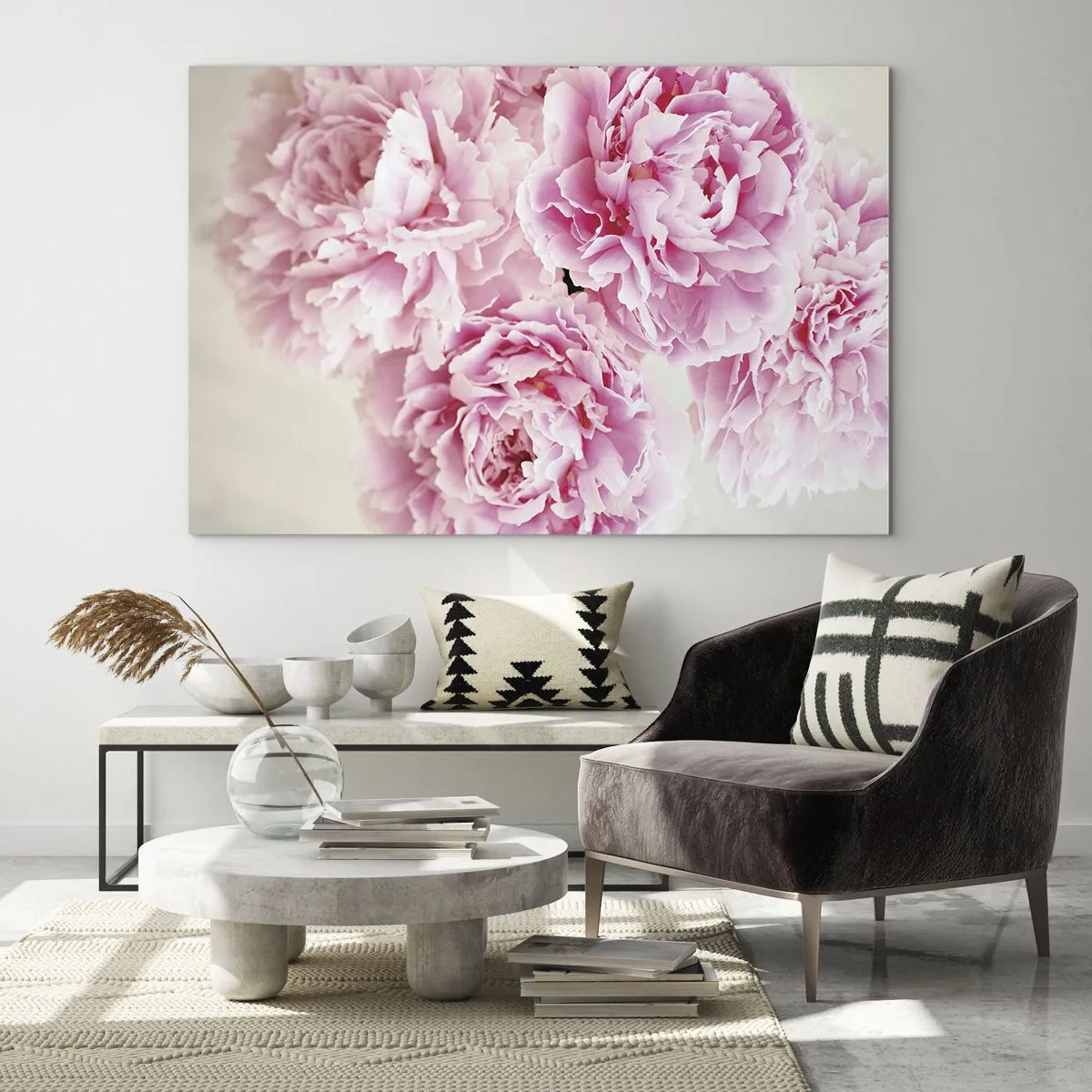 Glasbild - Bild auf glas - Ein Strauß voller rosa Pfingstrosen auf hellem Hintergrund - 70x50cm - In rosa Glamour - Moderne Wanddekoration für Wohnzimmer und Schlafzimmer ARTTOR