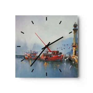 Wanduhr - Glasuhr - Ein Hafen mit roten Booten, umgeben von einer nebligen Landschaft - 30x30cm - Am Ende der Welt - Moderne Wanddekoration für Wohnzimmer und Schlafzimmer ARTTOR