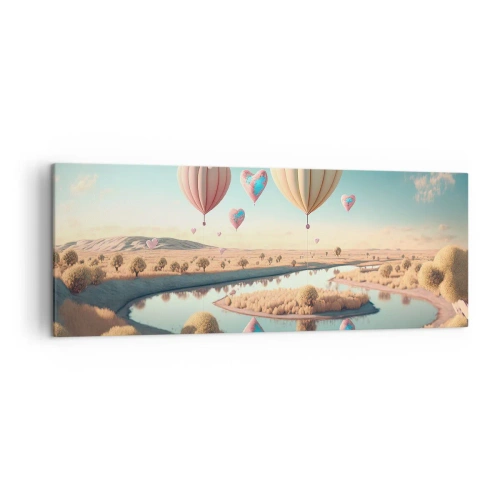 Bild auf Leinwand - Leinwandbild - Herzförmige Ballons schweben über der Landschaft - 140x50cm - Dank Liebe steigt man auf - Moderne Wanddekoration für Wohnzimmer und Schlafzimmer ARTTOR