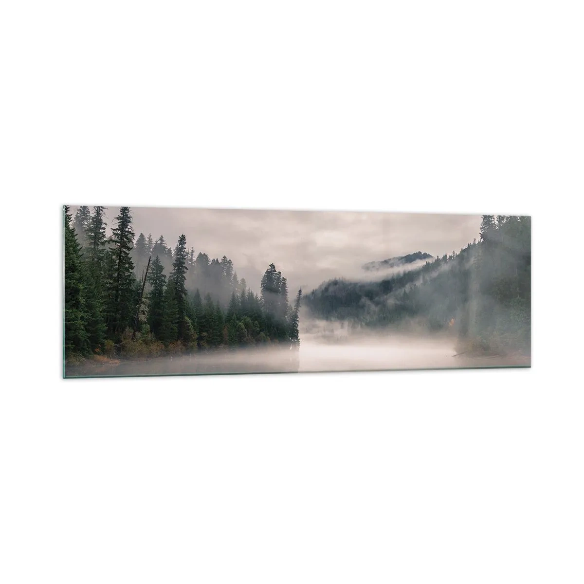 Glasbild - Bild auf glas - Ein nebliger Wald spiegelt sich in einem ruhigen See - 160x50cm - In Reflexion, im Nebel - Moderne Wanddekoration für Wohnzimmer und Schlafzimmer ARTTOR