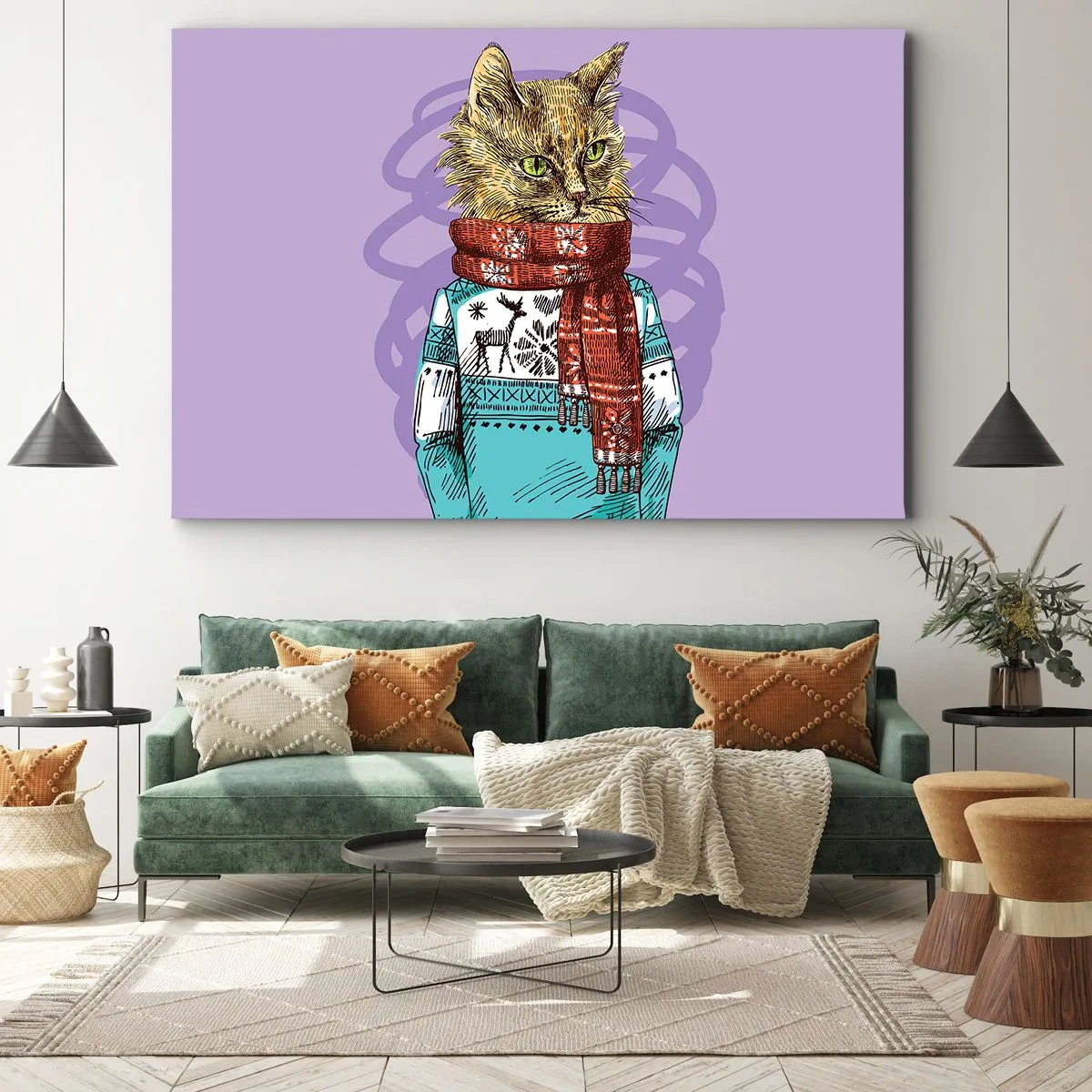Bild auf Leinwand - Leinwandbild - Eine Katze in Pullover und Schal auf violettem Hintergrund - 120x80cm - Die Katze nicht nur in Schuhen - Moderne Wanddekoration für Wohnzimmer und Schlafzimmer ARTTOR