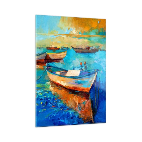 Glasbild - Bild auf glas - Bunte Boote auf ruhigem Wasserhintergrund - 50x70cm - In der südlichen Bucht - Moderne Wanddekoration für Wohnzimmer und Schlafzimmer ARTTOR