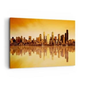 Bild auf Leinwand - Leinwandbild - Stadtpanorama spiegelt sich im Wasser bei Sonnenuntergang - 100x70cm - Die Stille der Metropole - Moderne Wanddekoration für Wohnzimmer und Schlafzimmer ARTTOR