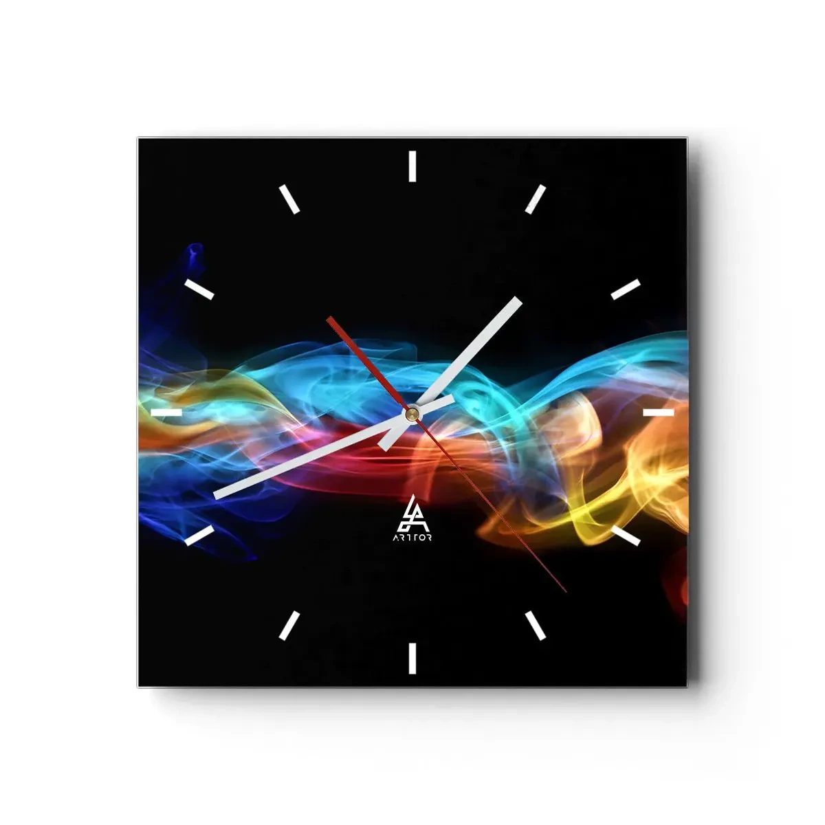 Wanduhr - Glasuhr - Bunter Rauch auf schwarzem Hintergrund - 30x30cm - Regenbogentanz der Nebel - Moderne Wanddekoration für Wohnzimmer und Schlafzimmer ARTTOR