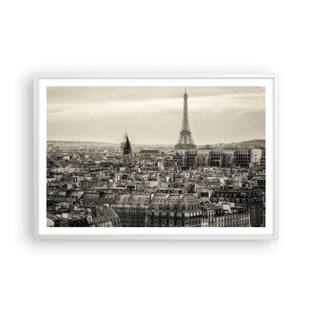 Poster in einem weißen Rahmen - Über den Dächern von Paris - 91x61 cm