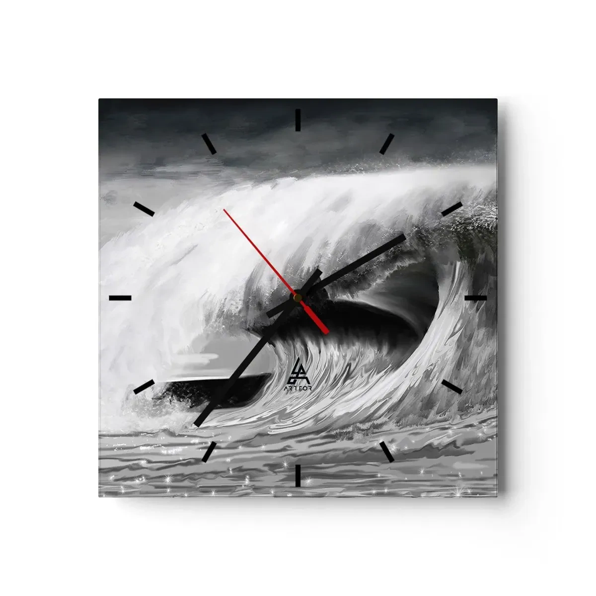 Wanduhr - Glasuhr - Dramatische Meereswelle in Monochrom - 30x30cm - Wut des Ozeans - Moderne Wanddekoration für Wohnzimmer und Schlafzimmer ARTTOR