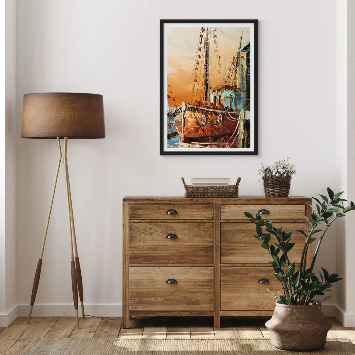 Poster in einem schwarzem Rahmen - Ein Segelschiff vor der Kulisse der untergehenden Sonne - 50x70cm - Friedliche Rückkehr - Moderne Wanddekoration für Wohnzimmer und Schlafzimmer ARTTOR