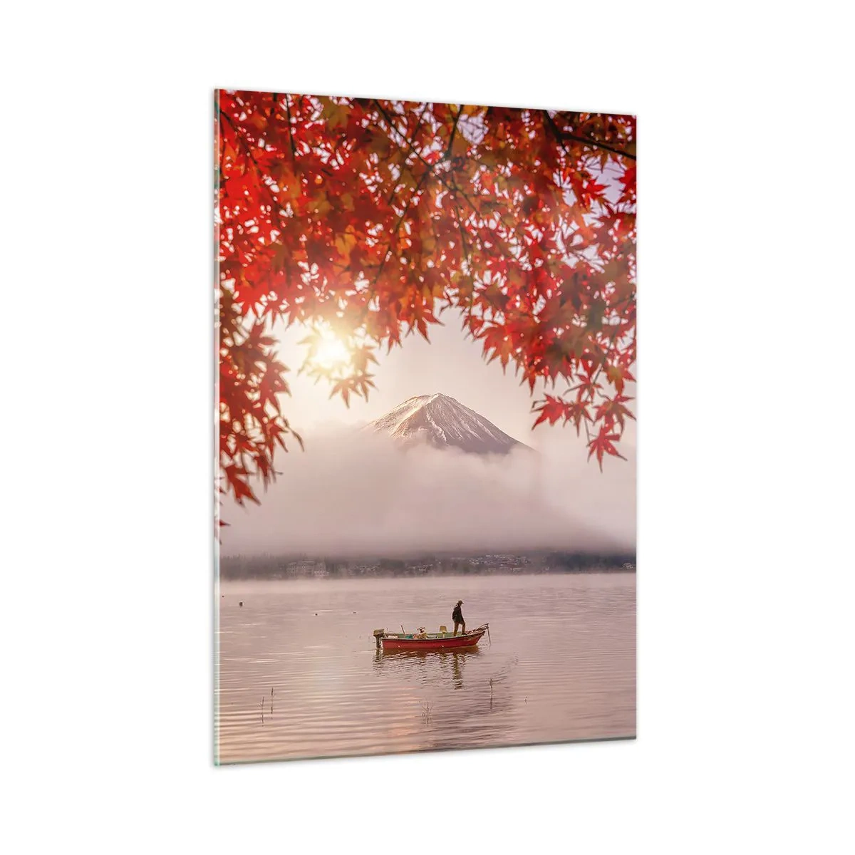 Glasbild - Bild auf glas - Der Fuji mit einem Boot auf einem See, umgeben von roten Blättern - 50x70cm - Im japanischen Klima - Moderne Wanddekoration für Wohnzimmer und Schlafzimmer ARTTOR