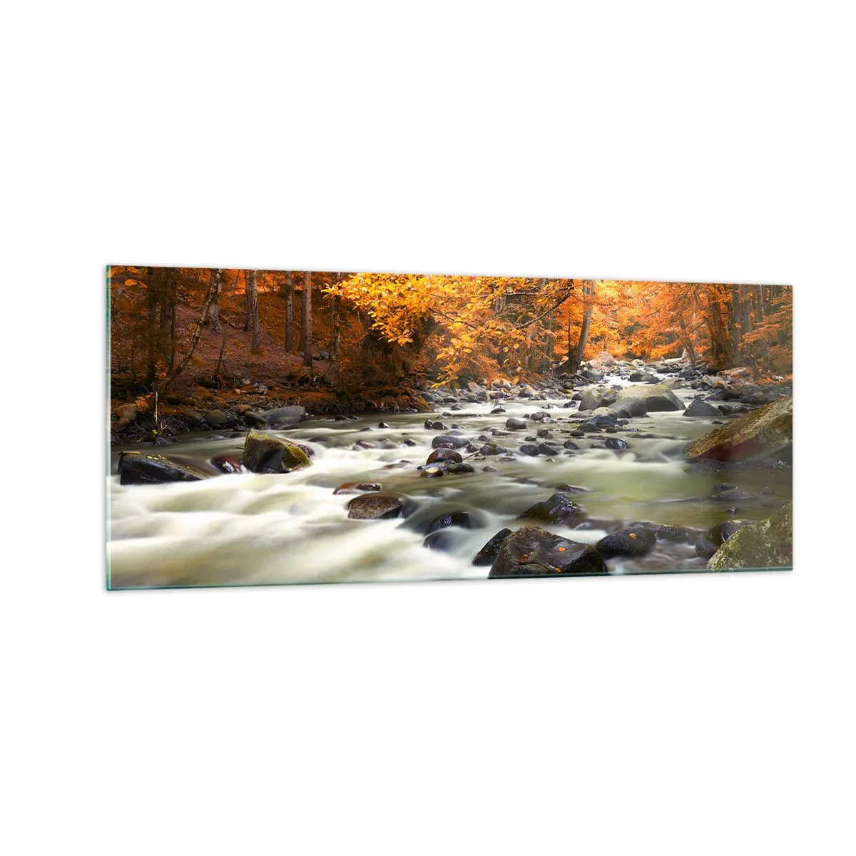 Glasbild - Bild auf glas - Ein Bach in einem goldenen Wald - 100x40 cm