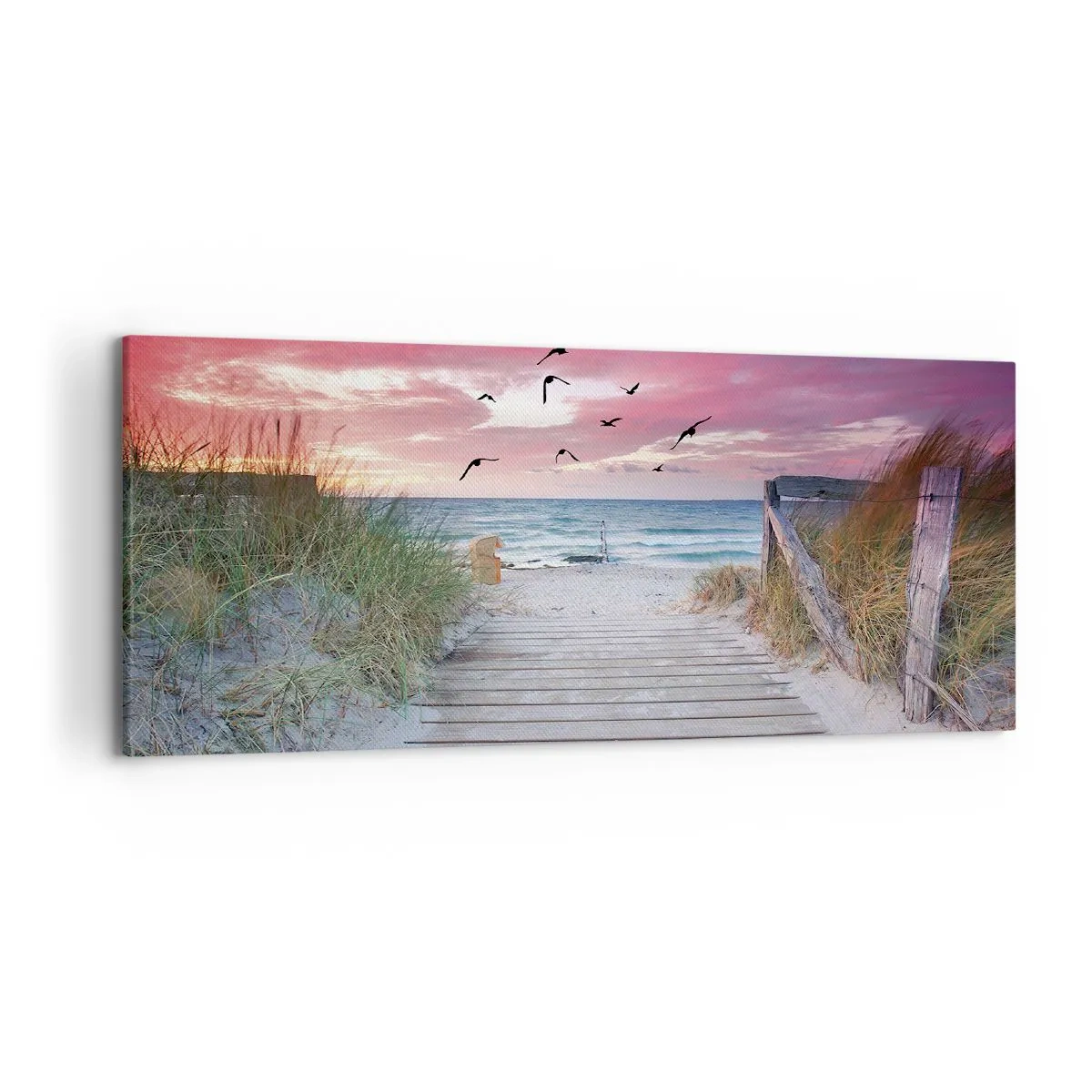 Bild auf Leinwand - Leinwandbild - Holzweg am Strand bei rosa Sonnenuntergang - 120x50cm - Baltischer Eindruck - Moderne Wanddekoration für Wohnzimmer und Schlafzimmer ARTTOR