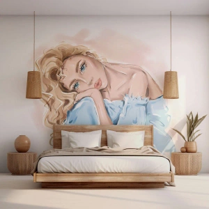 Maßgeschneiderte Fototapete Premium Canvas - Verträumt im Blau - Frau, Mode, Grafik