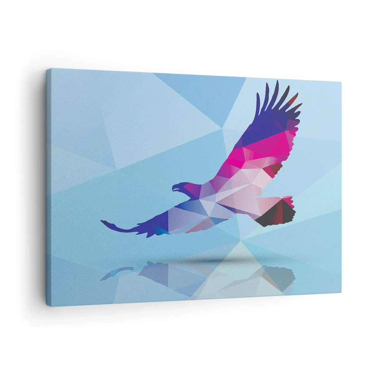 Bild auf Leinwand - Leinwandbild - Geometrische Silhouette eines Adlers im Flug auf blauem Hintergrund - 70x50cm - Adler in lila Kristall - Moderne Wanddekoration für Wohnzimmer und Schlafzimmer ARTTOR