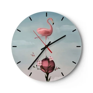 Wanduhr - Glasuhr - Ein rosa Flamingo, der auf einer mit Blumen geschmückten Kugel steht. - 30x30cm - Basketball-Allegorie - Moderne Wanddekoration für Wohnzimmer, Küche und Schlafzimmer ARTTOR