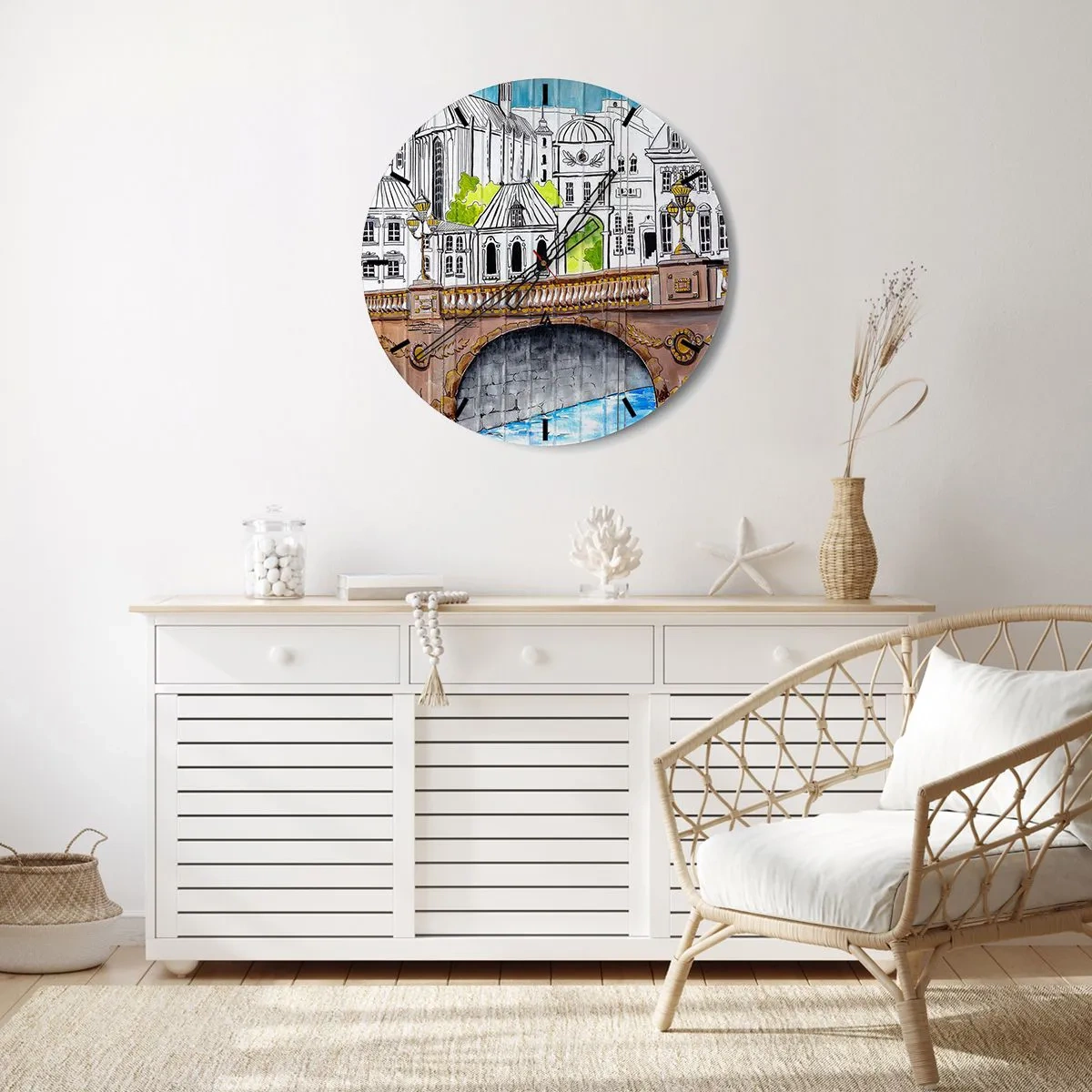 Wanduhr - Glasuhr - Illustration der Stadtarchitektur mit einer Brücke - 30x30cm - Die Stadt ist gemalt - Moderne Wanddekoration für Wohnzimmer, Küche und Schlafzimmer ARTTOR