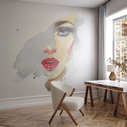 Selbstklebende Fototapete Deluxe Sticker - Abspiegeln in einem Wassertropfen - Das Gesicht einer Frau, Frau, rote Lippen - 150x105 cm